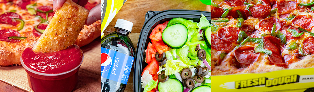 Three image collage showing a mozarella stick being dipped in marinara, a salad, and a pizza